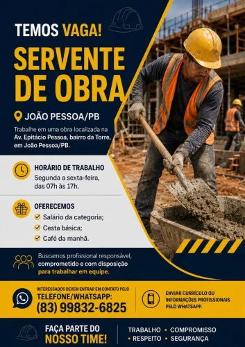 VAGA PARA SERVENTE DE OBRA - JOÃO PESSOA/PB