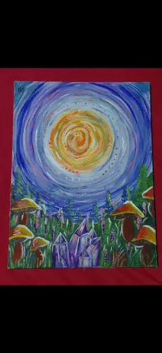 Tela pintura surrealista de cogumelos, pintada à mão