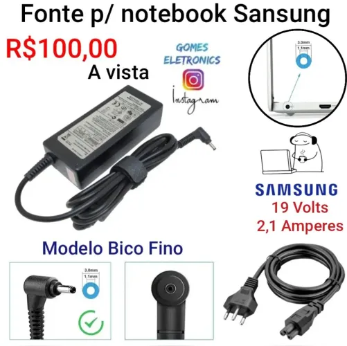 Fonte pra Notebook Samsung Carregador Bico fino Sansung Ultrabook 19v - 2.1a