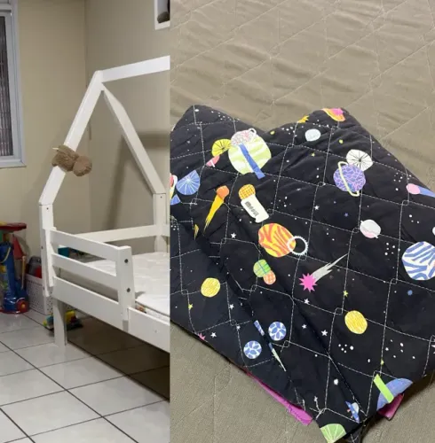 Cama Montessoriana Cabana (com pés adaptados) + Colcha e Capa Mooui Universo