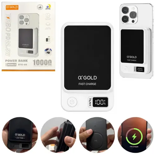 Carregador Portátil Power Bank Magnético 10.000mAh Sem Fio 15W Turbo 22.5W PD, Branco