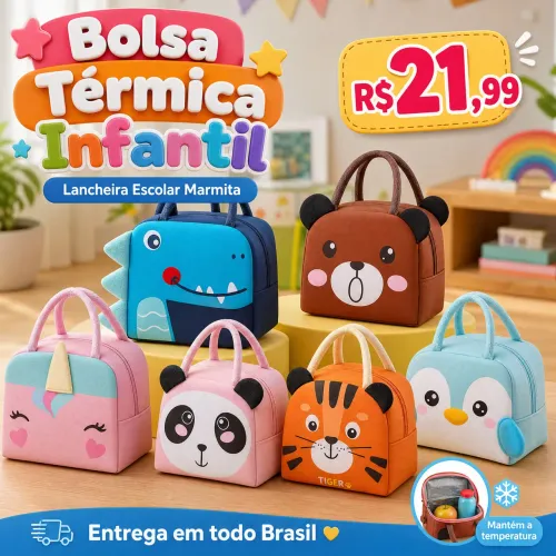 Bolsa Térmica Infantil Lancheira Escolar Marmita C/ Alça Estampas Animais Fofos 3D