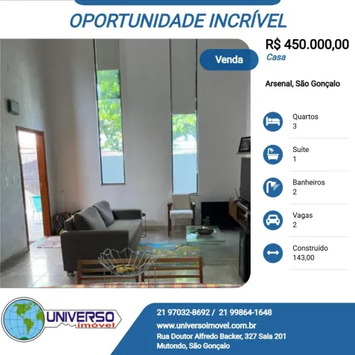 Casa para Venda em São Gonçalo, Arsenal, 3 dormitórios, 1 suíte, 2 banheiros, 2 vagas