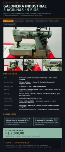 GALONEIRA INDUSTRIAL 3 AGULHAS / 5 FIOS - WILLCOX & GIBBS CLASSE 63 Completa com mesa, pé