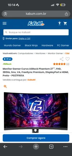 Monitor Gamer Curvo ASRock Phantom 280hz
