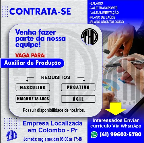 Vaga para Auxiliar de Produção em Colombo