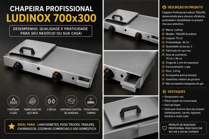 ? CHAPEIRA PROFISSIONAL LUDINOX 700×300 - 2 BOCAS COM PRENSA ?<br>