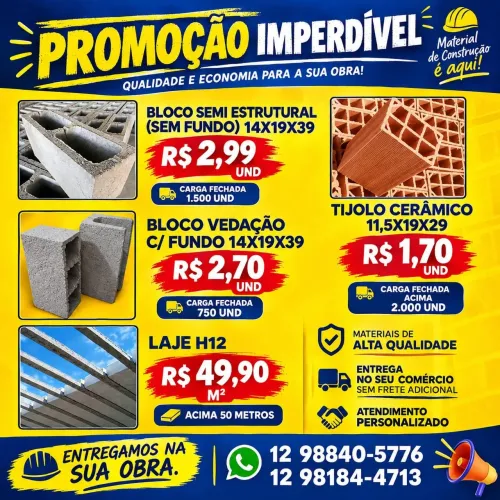 Blocos, tijolos, ferragens e lajes