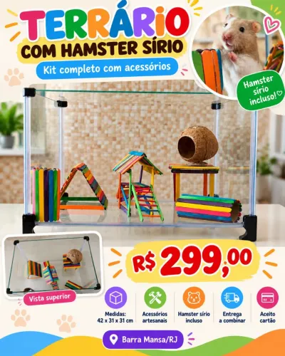 Terrário de Vidro com Hamster Sírio
