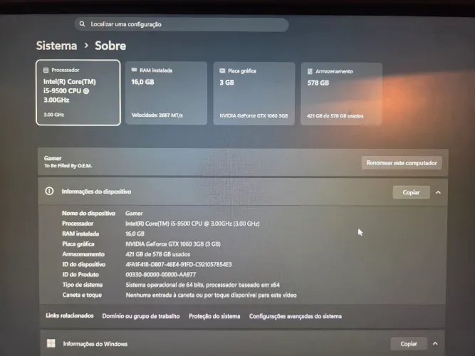 PC Gamer Intel i5 9500 + GTX 1060 3GB + 16GB RAM - Excelente Estado