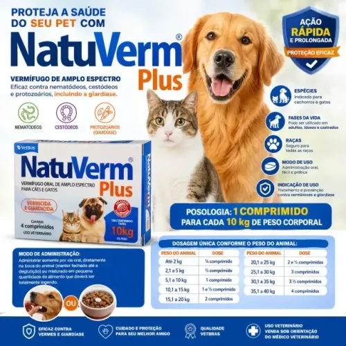 Natuverm Plus 4 Comprimidos Vermífugo Giardicida Cães Gatos