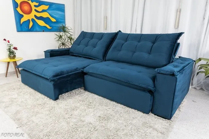 Sofá Retrátil Reclinável Atenas 2.90m Azul D33 e Molas Ensacadas Até 12x S/ Juros