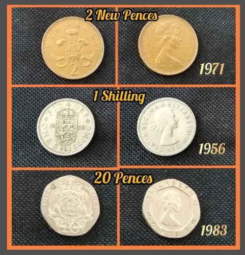 Kit 3 moedas originais inglesas (Shilling1956; Pences: 1971, 1983)