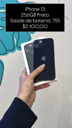 iPhone 13 / 256GB / Preto / Saúde de bateria 75% / R$ 2.100,00