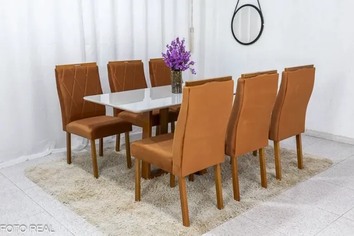 Mesa de Jantar 160×80 6 Cadeiras Lisboa Veludo Terracota Madeira Maciça rf54