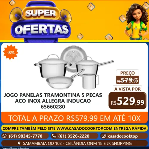 JOGO PANELAS TRAMONTINA 5 PECAS ACO INOX ALLEGRA INDUCAO 65660280