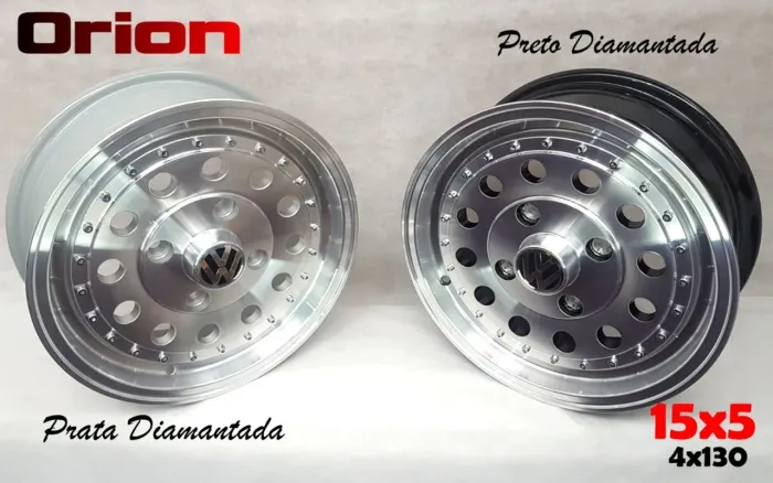 Rodas Orion 15x5 4x130 Prata e Preto Diamantada Volkswagen fusca jogo novo