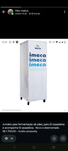 Vendo armário para fermentação de pães, para 20 bandejas, novo. Acompanha 10 bandejas 