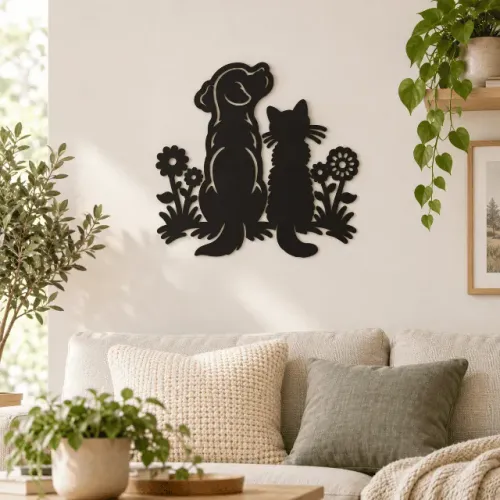 Quadro Decorativo Mdf Cachorro E Gato Com Flores Vazado