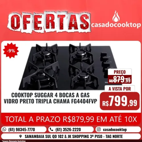 COOKTOP SUGGAR 4 BOCAS A GAS VIDRO PRETO TRIPLA CHAMA FG4404FVP