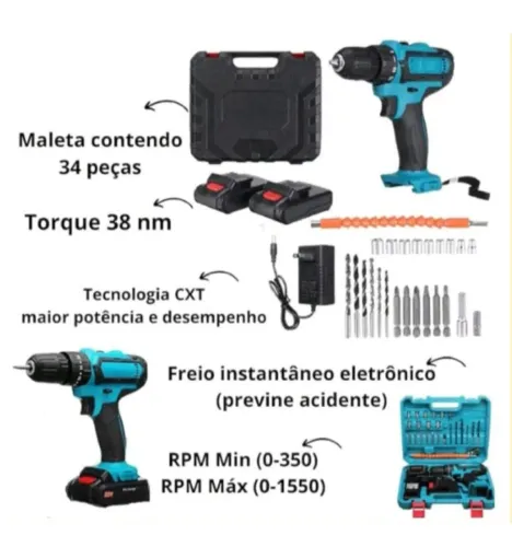 FURADEIRA E PARAFUSADEIRA SEM FIO 2 BATERIAS 36V COM MALETA E ACESSÓRIOS