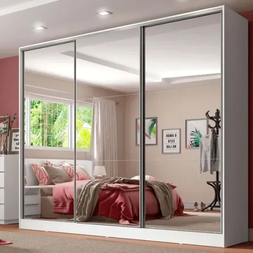 Guarda-Roupa Casal 100% MDF 3 Portas de Correr de Espelho Branco