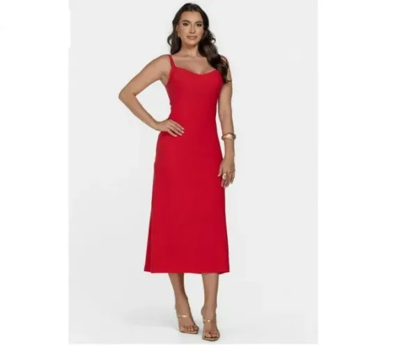 Vestido Midi Vermelho com Recortes no Busto Tam M