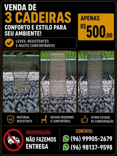 3 cadeiras de ferro tecidas
