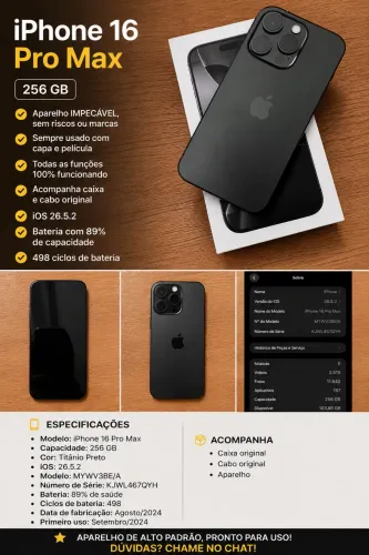 iPhone 16 Pro Max 256GB Titânio Preto | Caixa | Excelente Estado