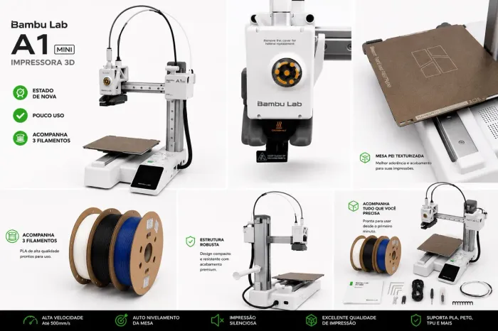 Bambu Lab A1 Mini | Impecável + 3 Filamentos
