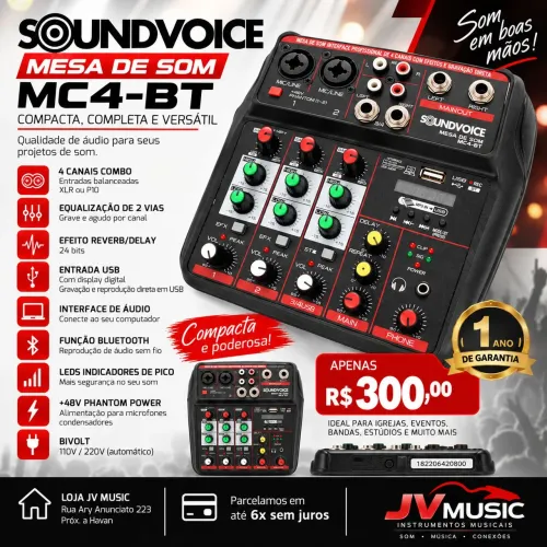 Mesa de Som Soundvoice MC4-BT 4 Canais Bluetooth USB