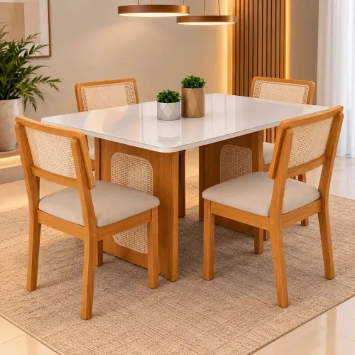 Mesa Retangular Com Vidro Amelie 115X94 Areia Cinamomo Off White <br>