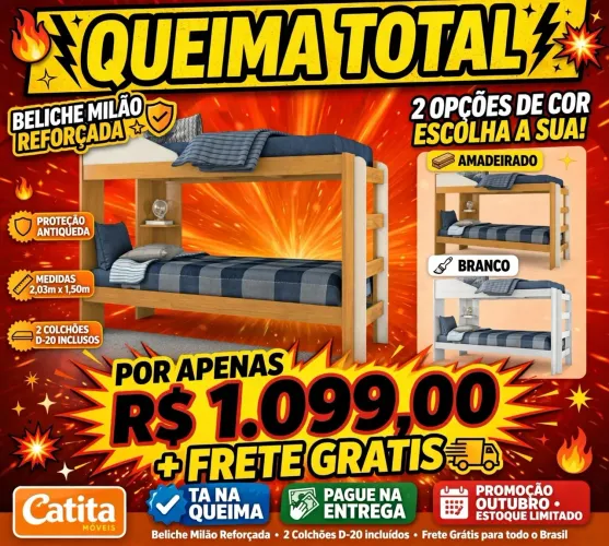 Tem Beliche na QUEIMA com colchão e FRETE GRÁTIS: Acaba não, MUNDÃO!!!
