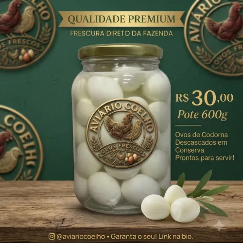 Ovos de codorna em conserva descascados, pote de vidro 600g