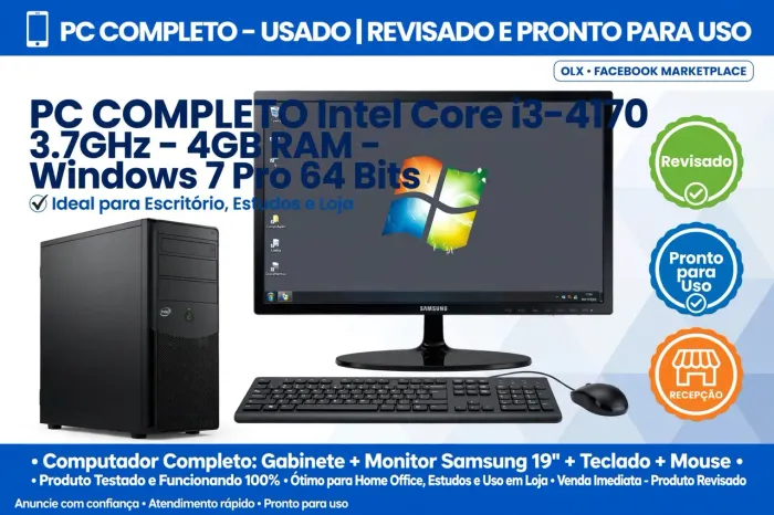 COMPUTADOR COMPLETO i3-4170 3.7GHz + Monitor Samsung 19" + Teclado e Mouse - Revisado
