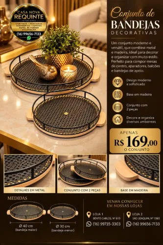 Conjunto de Bandejas Decorativas em Metal e Madeira - 2 Peças