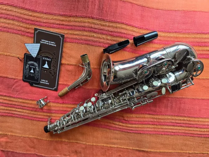 Saxofone Alto Eagle Prateado Completo Com Boquilha E Tudel
