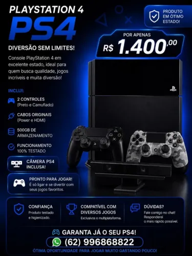 PlayStation 4 Fat 500GB + 2 Controles Originais + Camera Ps4 Original + 2 Jogos - 100%