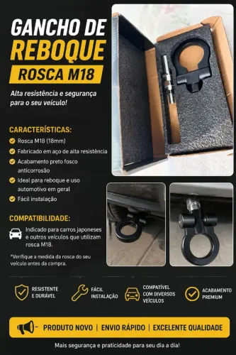 Gancho de Reboque Rosca M18 | Aço Reforçado | Novo