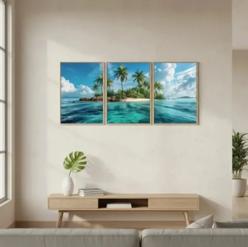 Kit de 3 quadros decorativos de paisagem de ilha de madeira pinus com adesivo