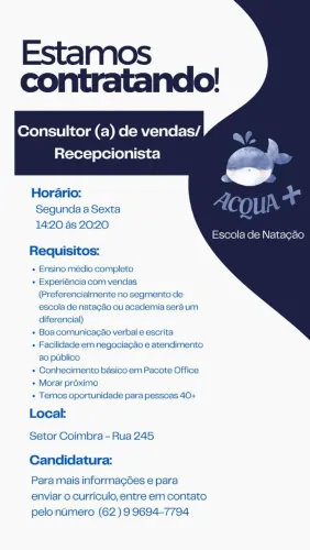 Vaga para Recepcionista /consultor de vendas