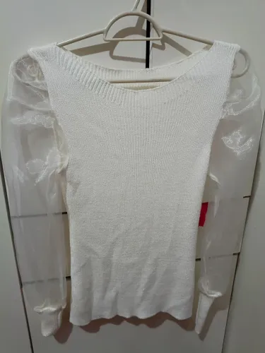 Blusa Tricot Romântica Princesa Manga Tule Bufante Elegante