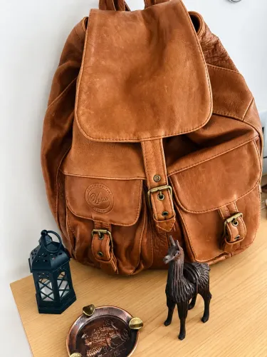 Mochila bolsa de couro legítimo caramelo vintage