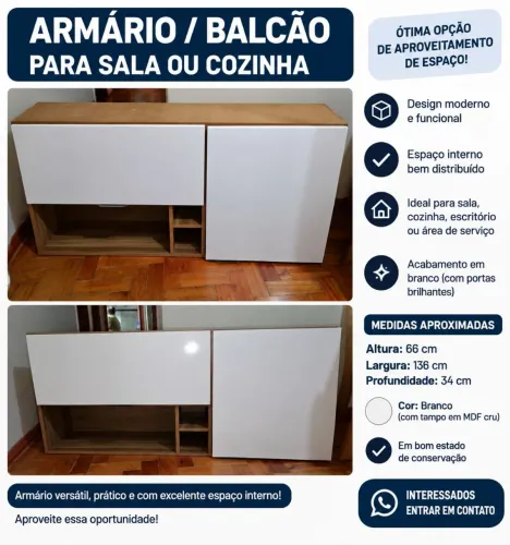 Armário/Balcão Branco para Sala ou Cozinha - 136 cm