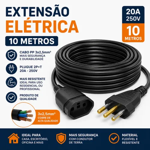 Extensão Elétrica 10 Metros Cabo PP 3x2,5mm² 2P+T