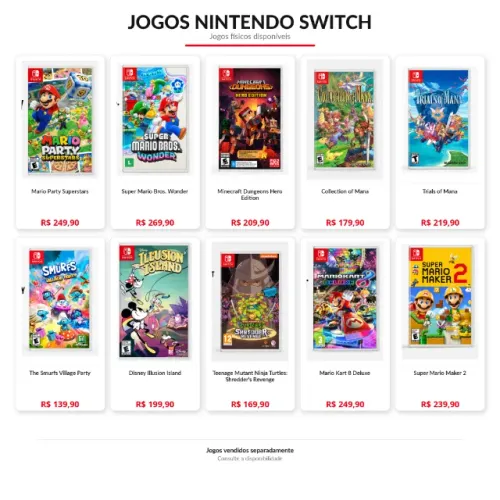 Jogos físicos originais para Nintendo Switch.