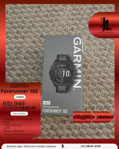 RELÓGIO GARMIN FORERUNNER 165, 43MM, LACRADO, EXCLUSIVO!
