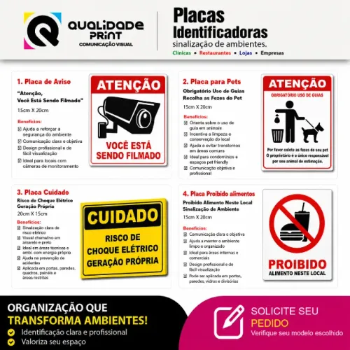 Placas identificadoras, aletra, pet, filmando, proibido...