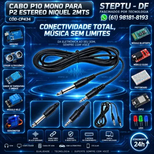 Cabo P10 Mono Para P2 Estereo Niquel 2mts Arduino Automação Robotica COD-CP434