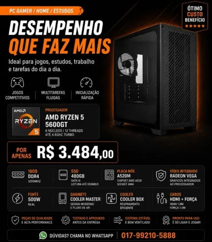 Computador Gamer Ryzen 5 5600GT | 16GB RAM | SSD 480GB | Pronto para Uso